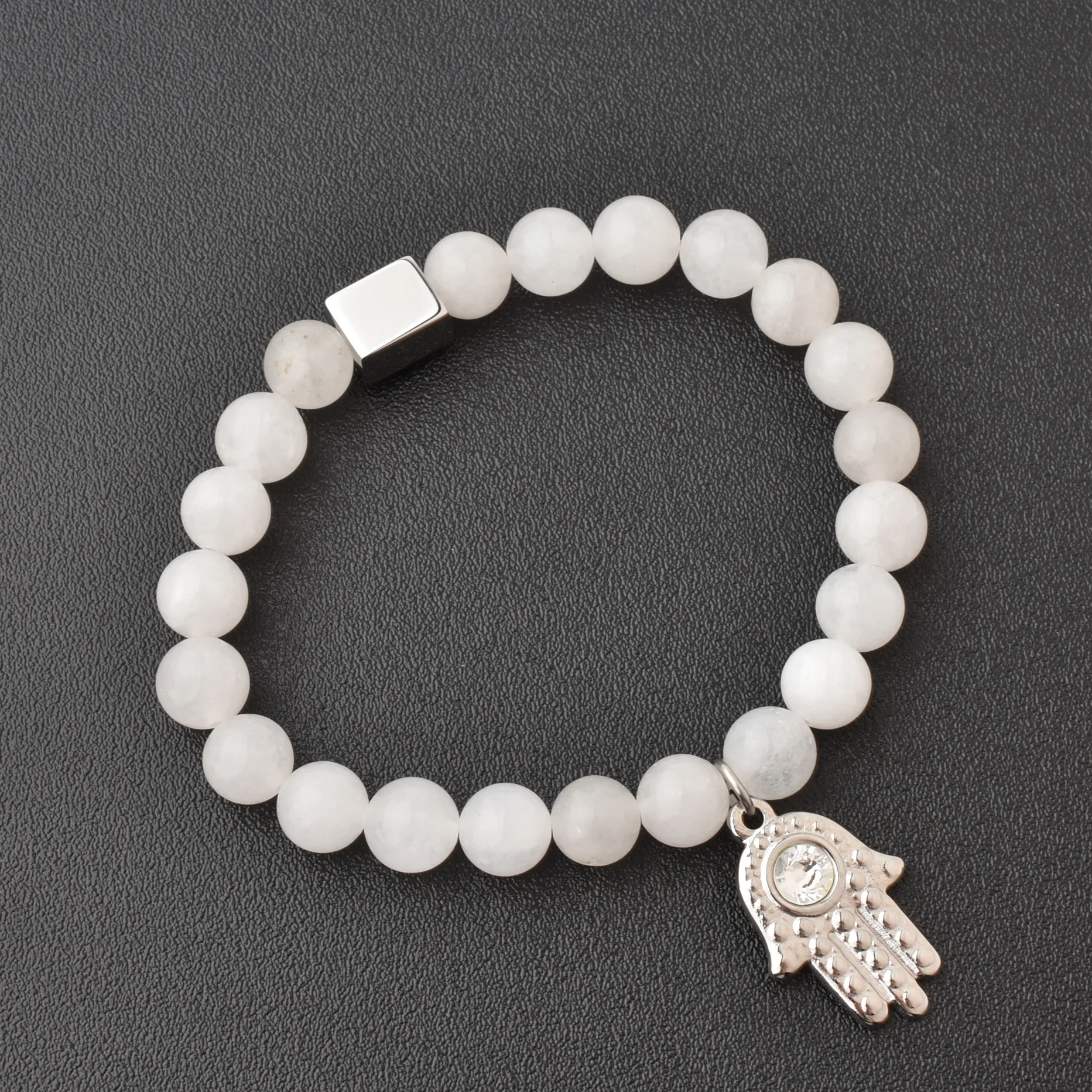 

Custom Natural White Jade Stone Stainless Steel Hamsa Hand Charm Jewelry Bracelet