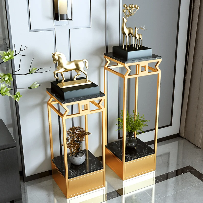 

Neo Chinese living room luxury marble shelf golden flower pot stand floor decoration ornaments