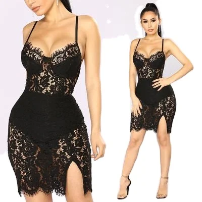 

Cost-effective Sexy Crochet Lace Sling Nightclub Wrap Hip Skirt Womens Dress, Shown