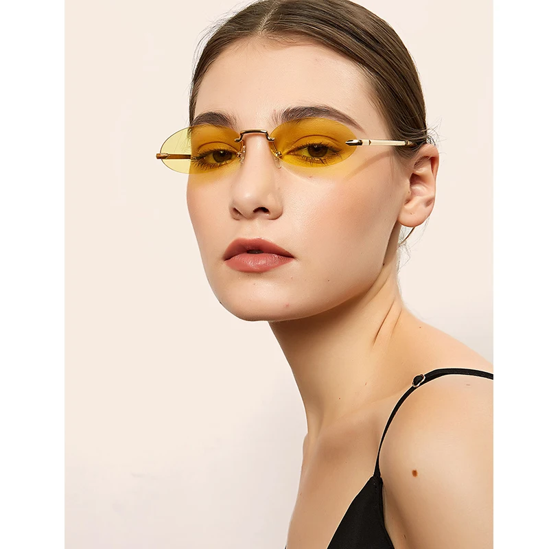

2021 Custom Logo Metal Shades Retro Small Oval Rimless Sunglasses Women Men