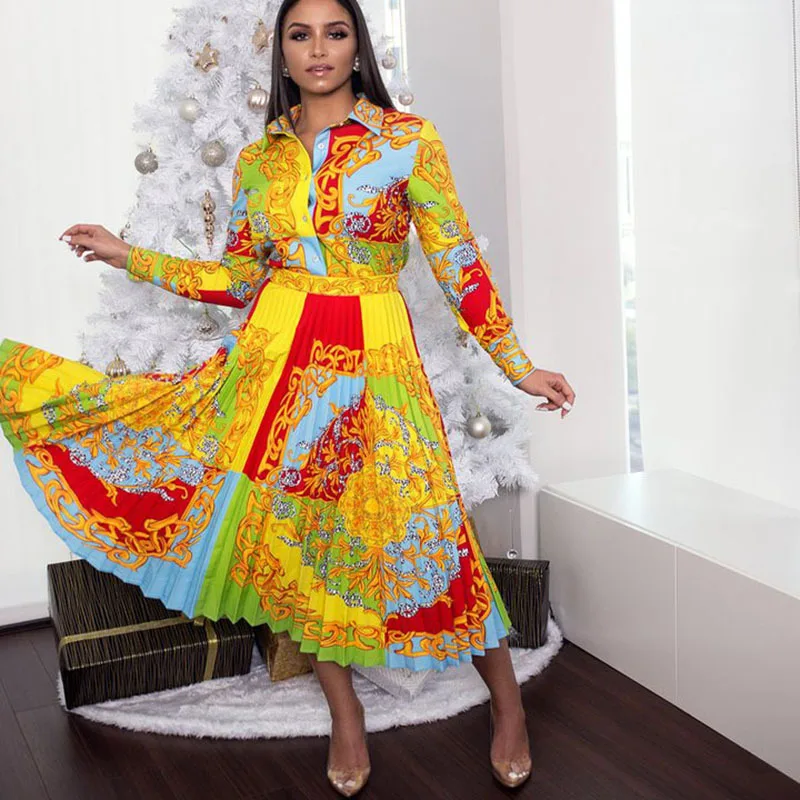 

New Summer Yellow A-Line Printed Pleated Women Office Career Dress