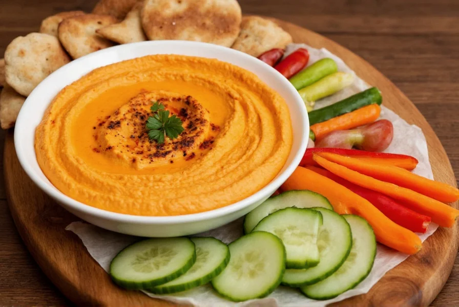 Roasted pepper hummus platter with assorted dippers including pita chips, cucumber slices, bell pepper strips, and carrot sticks arranged on a wooden board