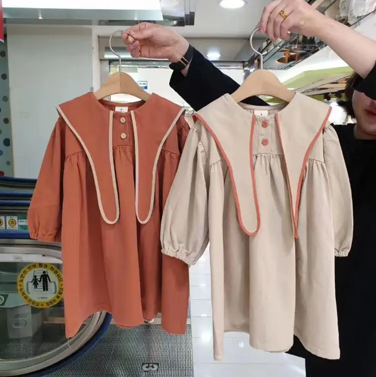 

2021 spring Korean children's clothing girls lapel rabbit cotton long-sleeved dress girl baby long skirt cute skirt