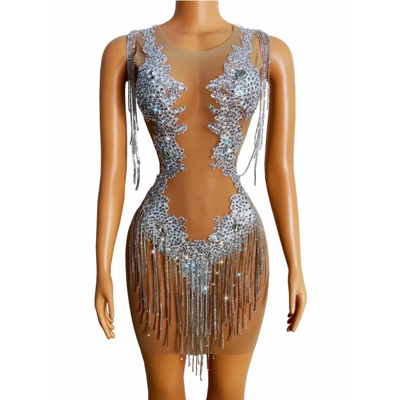

Singer Rhinestones Fringes Dress Shining Crystal Evening Birthday Party Dress Prom Nightclub Dance Show Costumes