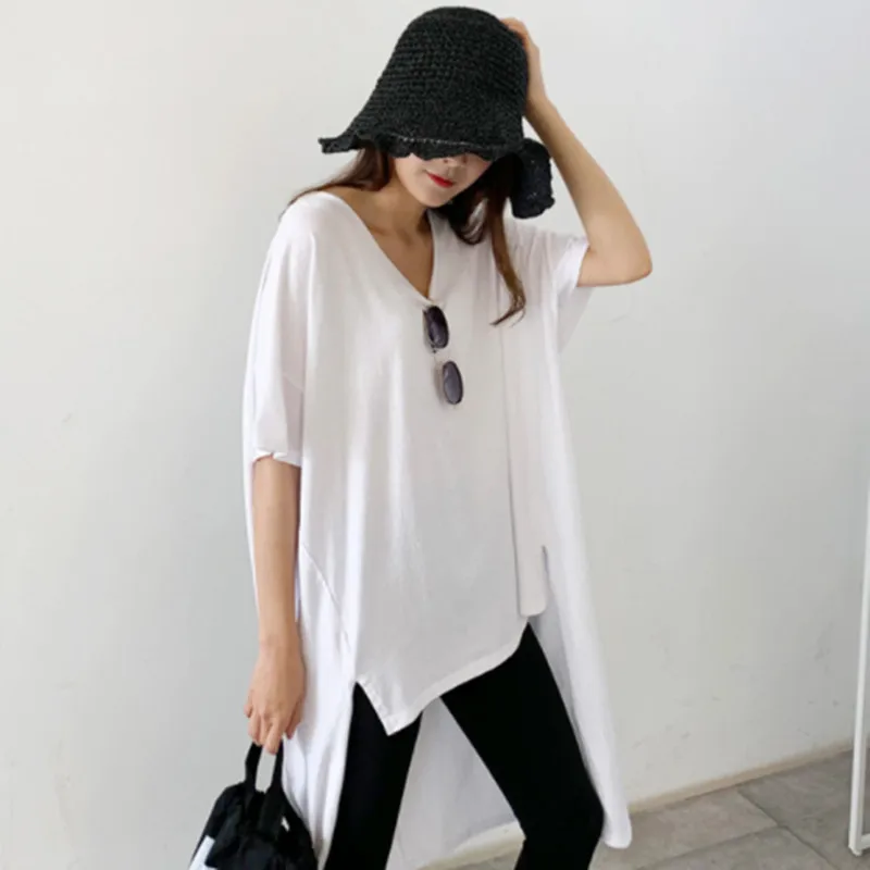 

Wholesale 2020 spring and summer casual loose women's T-shirt irregular V-neck split simple student white T-shirt