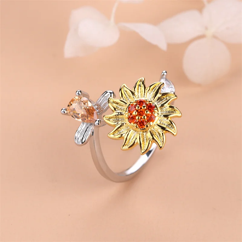 New Arrival Trend Fidget Spinner Ring Jewelry Copper Inlay Zircon Open Spinning Fidget Sunflower Rings For Women