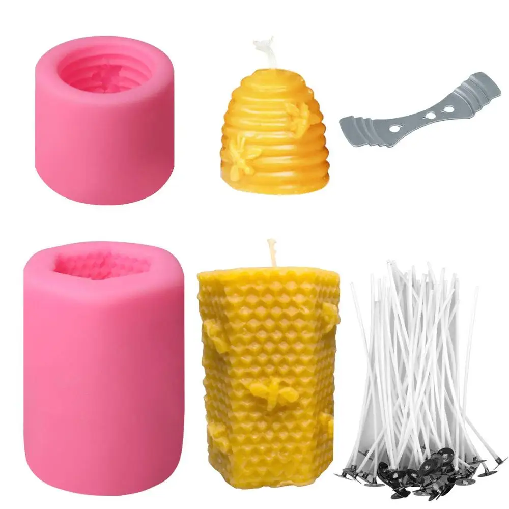 

2 PCS Bee Honeycomb Candle Mold, 50Pcs Low Smoke Candle Wicks and Holder, Beehive Silicone Mold for Making Beeswax Candles, Customized