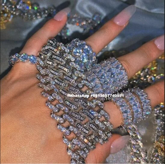 

shining cubic zirconia diamond cuban link necklace sets with rings women