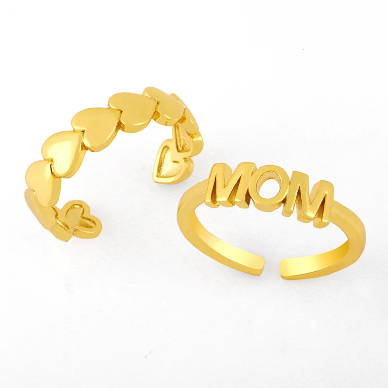 

HOVANCI 4 2021 New Arrival Peach Heart Glossy MOM Letter Pure Gold Hammered Finger Tail Ring For Mother Day Gift