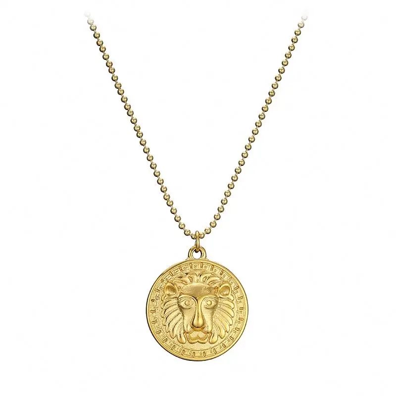 

Vintage 18K Gold Plated Embossed Lion Head Coin Necklace Manufacturer Supply Stainless Steel Jewelry