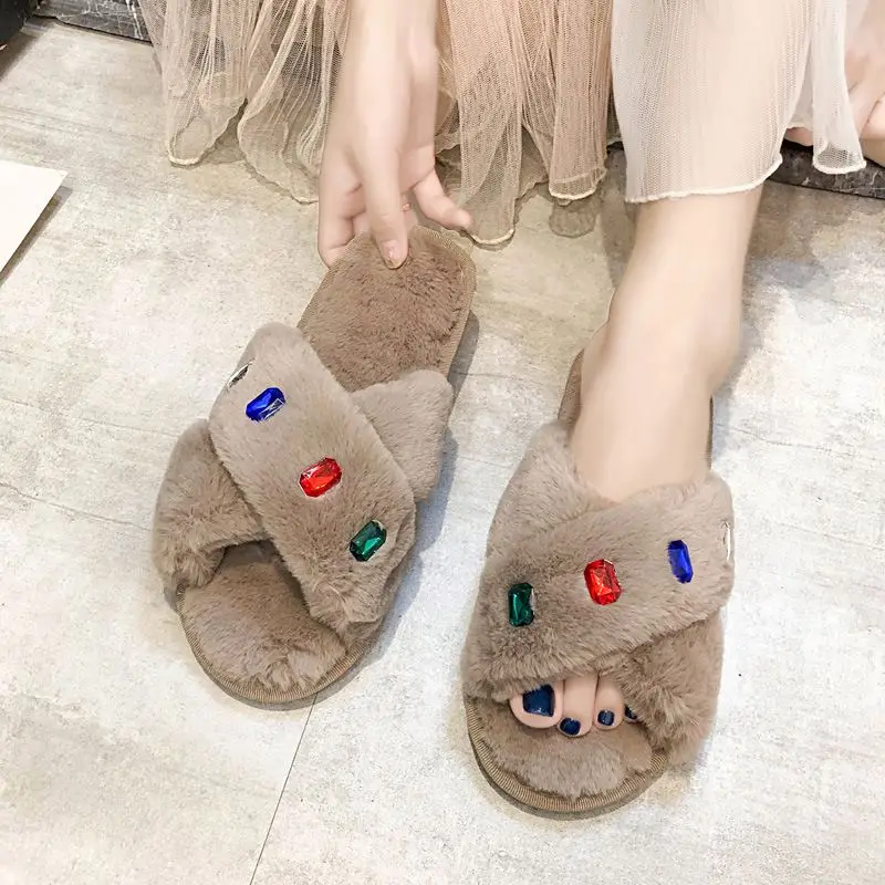 

New Fashion Style Women Fur Open Toe Platform Sandals With Jewel Home Slippers, Picture