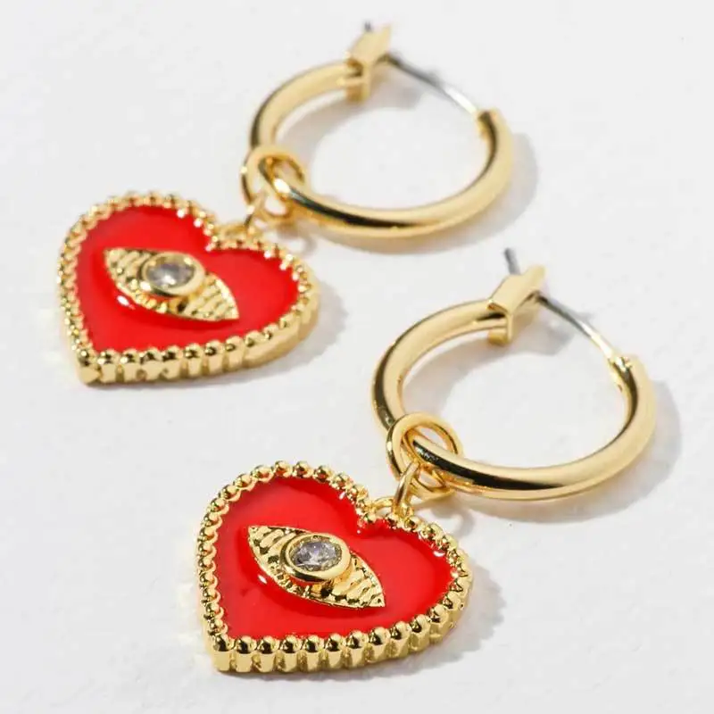 

Punk Trendy Style Black Oil Drip Love Heart Pendant Earring Gold Plated Micro Pave Diamond Devil Eye Huggie Earring