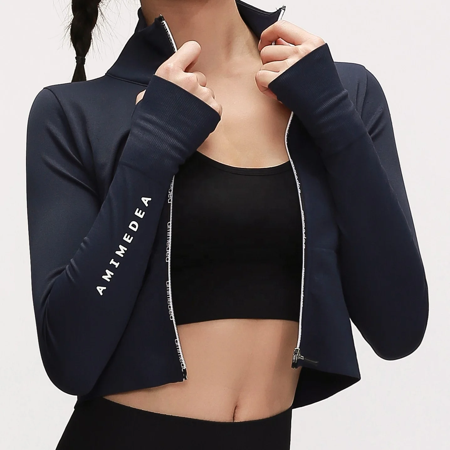 

Seamless Fabric Funnel Neck Crop Jackets Women Sport Designer Sports Running Jacket Yoga Wear Zipper, Customized logo printing