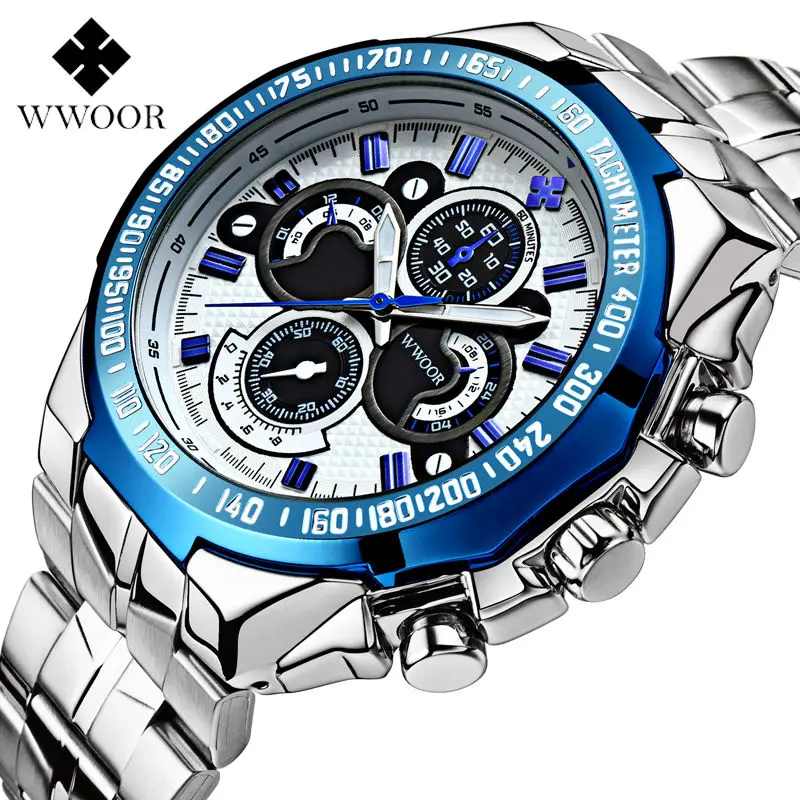 

WWOOR brand 8013 large dial steel belt quartz sports men's watch can be customized OEM / ODM factory inventory, White/black/blue