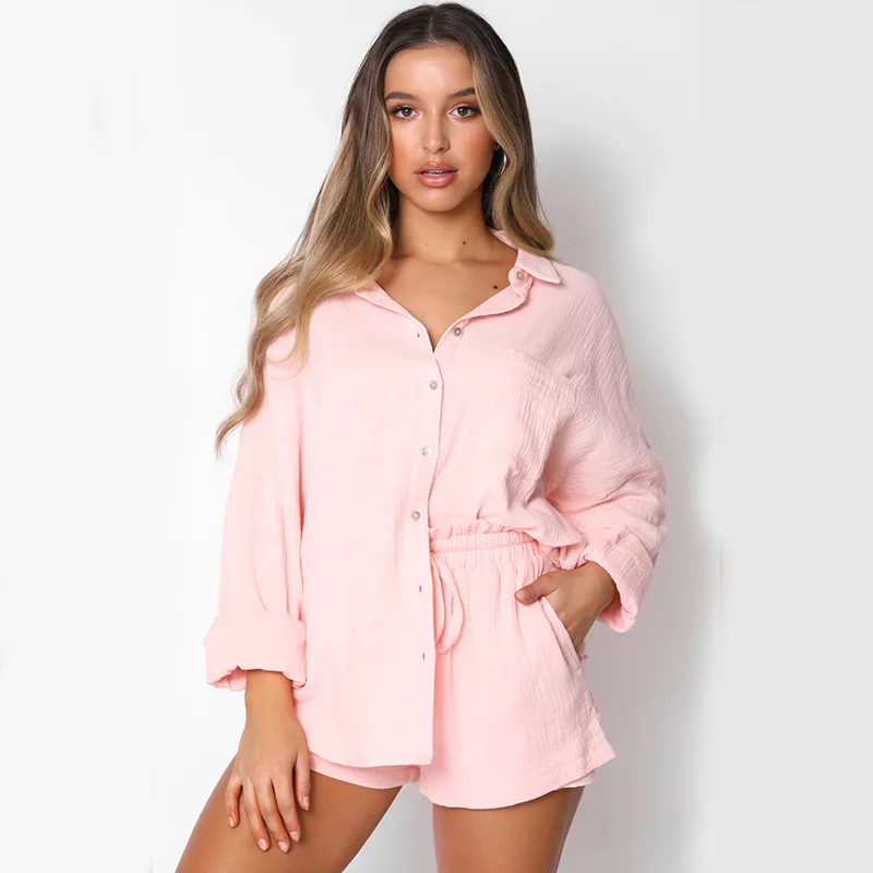 

2021 Spring New Arrivals Casual Linen 2 Piece Set Women Long Sleeve Single Breasted Solid Color Short Sets Female Home Clothing
