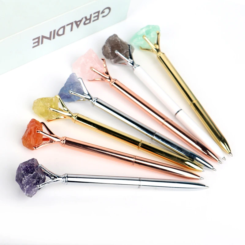 

Customized Logo Crystal Amethyst Rose Quartz Crown Style Metal Ballpoint pen Ball Pen With Natural Crystal Raw Stone Pen Luxury