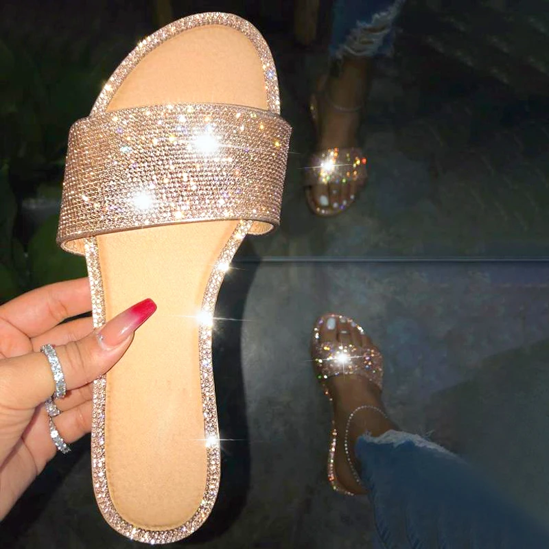 

Hot Sale Fashion Anti-Slippery Rhinestone Fashion Flat Sandals For Women, Customization