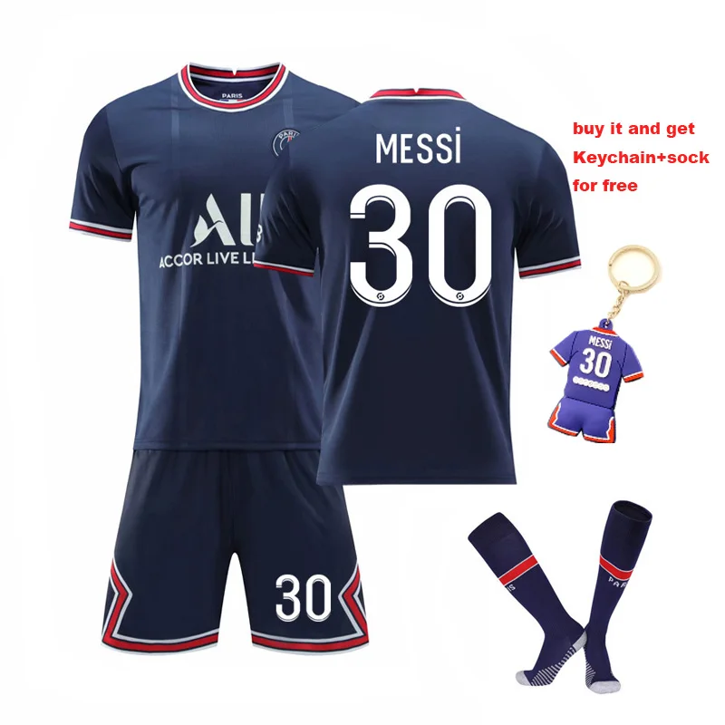 

2021-22 Paris Messi #30 Navy White football jersey set Uniform soccer jerseys T-Shirts Shorts Socks 3 Piece Set Men + Kids Sets