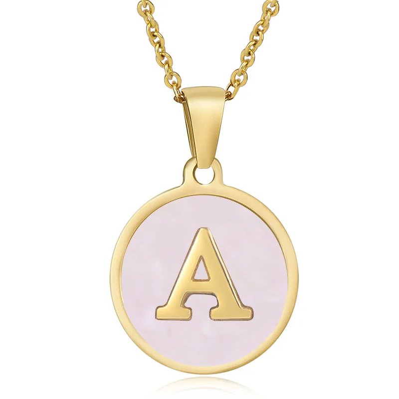 Qiuhan 18K Stainless Steel A-Z Initial Letter Round Pink Shell Letter Pendant Necklace