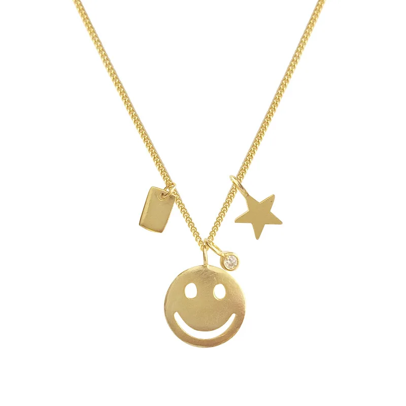 

925 Sterling Silver Gold Smiley Face Pendant Necklace Lovely Pendant With Star Charm Necklace