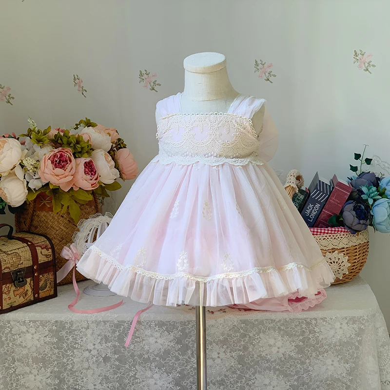 

2021 Children Spanish Dresses for Girls 1-7Y Summer Baby Spain Boutique Pink Lotia Dress with Hat Panty 1st Birthday Clothes