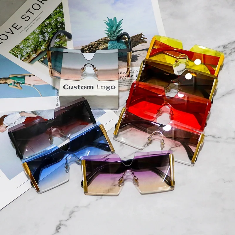 

New Luxury Rimless Sunglasses Oversized Women Large Frame Sun Glasses One Piece Lens Conjoined Glasses Hot Sale Square Shades, 9 colors