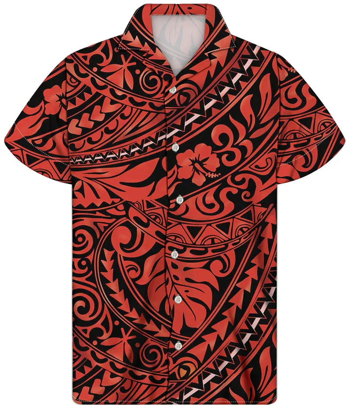 

Print On Demand Custom Floral Red/Yellow/Blue Hawaiian Men's Shirts Casual Short Sleeve Button Down Polynesian Men Dress Shirt