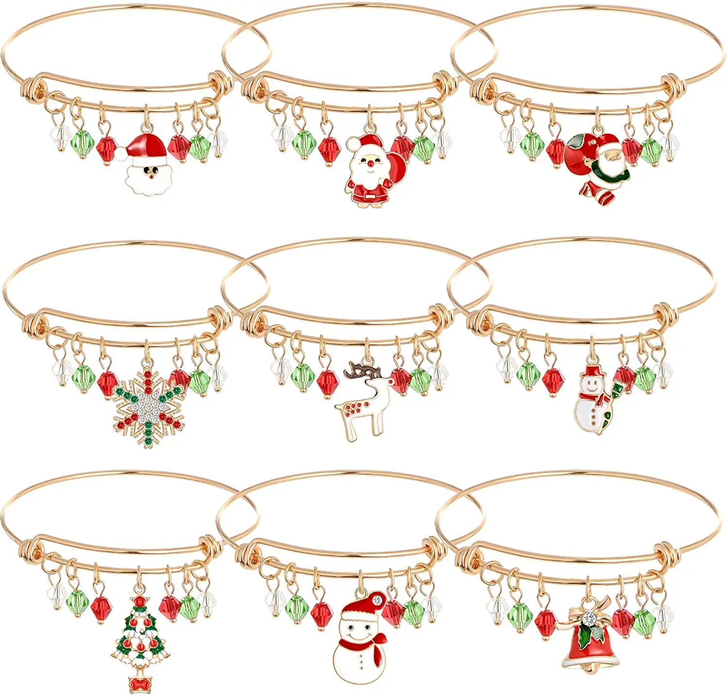 

9 Pcs Christmas Expandable Charm Bracelet Set for Womens Girls,Thanksgiving Xmas Holiday Crystal Bell Bracelet Jewelry