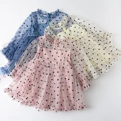 2021 Spring Kids Long Sleeves Dot Mesh Cake Dress Girl Patchwork Elegant Tulle Princess Dress for 3-8T