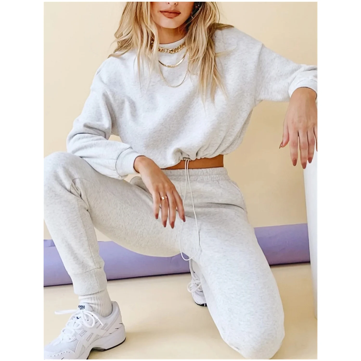 

Two Peice Crop Top Crewneck Sweatsuit Women Adjust Rope Sweatpants Sets Plain Blank Oversized Tracksuits, As picture/customized colors