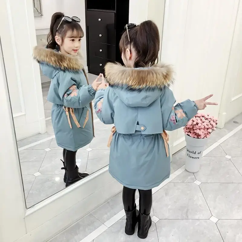 2017 Korean Girls Kids Winter Down Medium Coat Jacket Warm Wool Hooded Overcoat