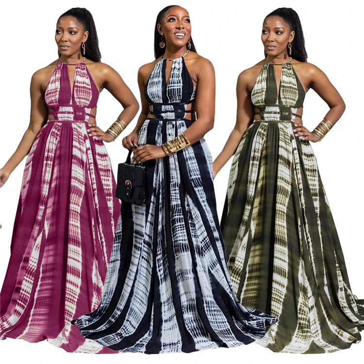 

L07336 summer halter hollow out tie dye boho elegant maxi beach dress Beach Dress 2021