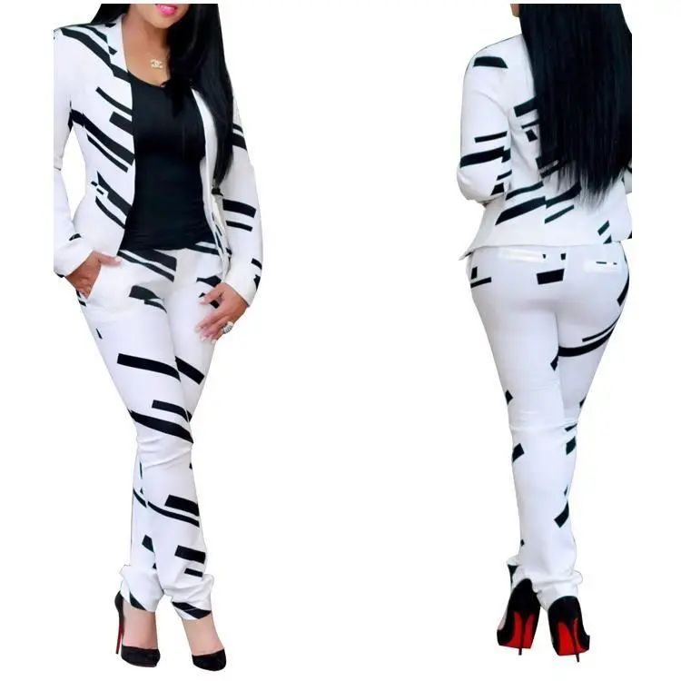 

2021 Women Clothes White And Black Print Blazer And Pants Women Office Clothing