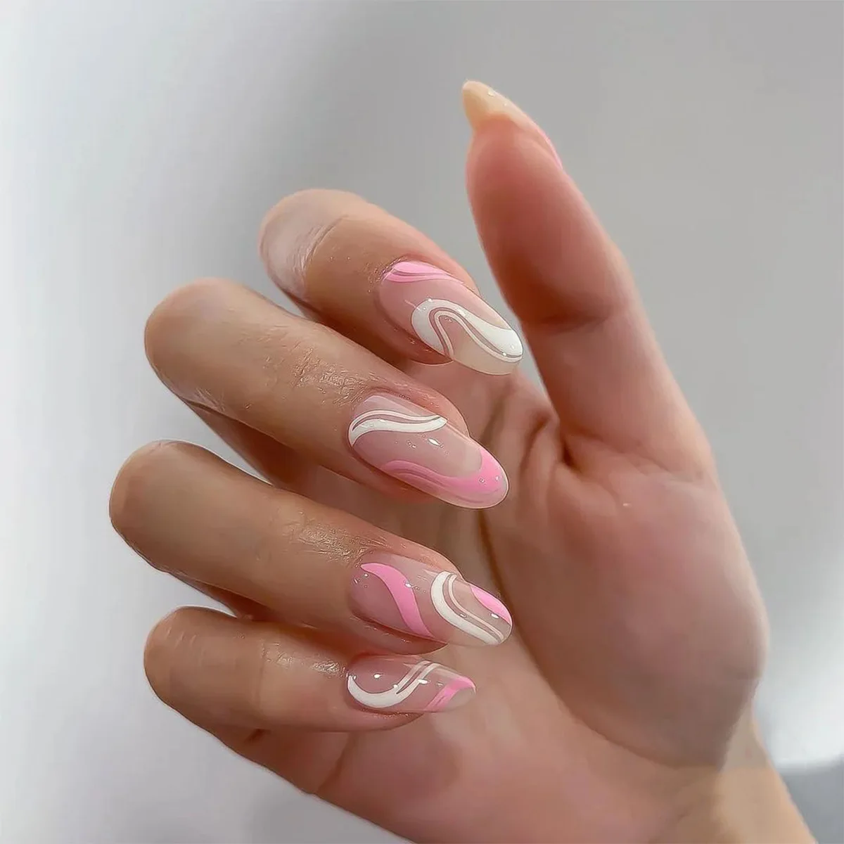 

24 Pcs Pink Abstract Long Round Artificial Nail Tips False Press on Nails, As pic