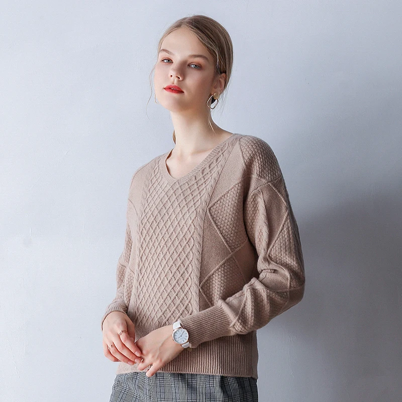 

2020 New Autumn Winter Warm Soft Loose fit V-Neck Women 100% Pure Merino Wool Sweater
