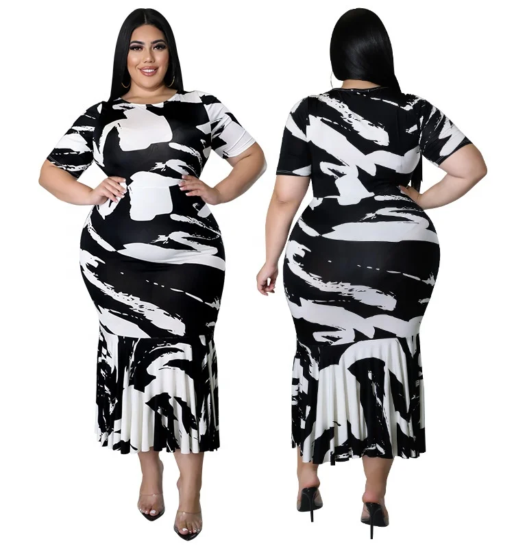 

Spring knit dress plus size wholesale boutique clothing for women graffiti black white print stitching elegant casual dresses, Shown