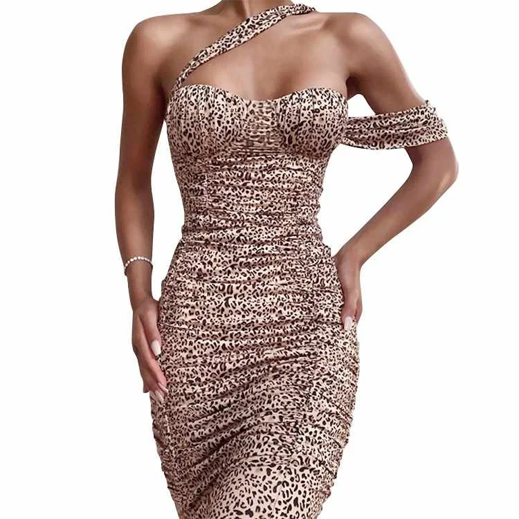 

Spring Summer Women Streetwear Party Festival Dresses Outfits Leopard Print Halter Slim Bodycon Sexy Dress