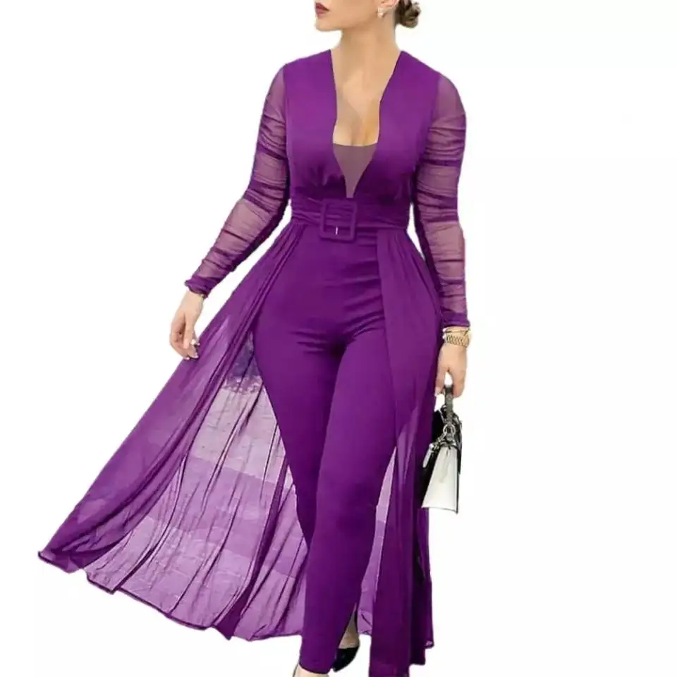 

Plus size high quality straight-leg trousers casual off shoulder Mesh long-sleeved mid waist jumpsuits women