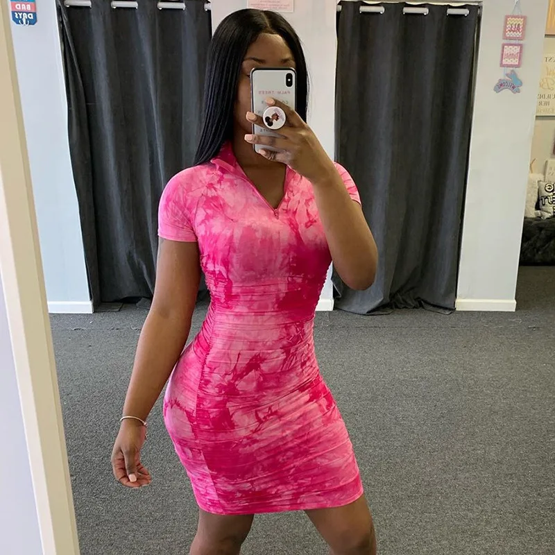 

turtleneck short sleeve tie dye dress women 2020 summer new fashion sheath mini dresses sexy club party clothes streetwear