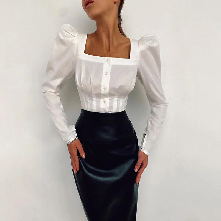 

Square Collar Solid Color Puff Long Sleeve Woman Blouse Top Fashionable -PT, Black,white,blue