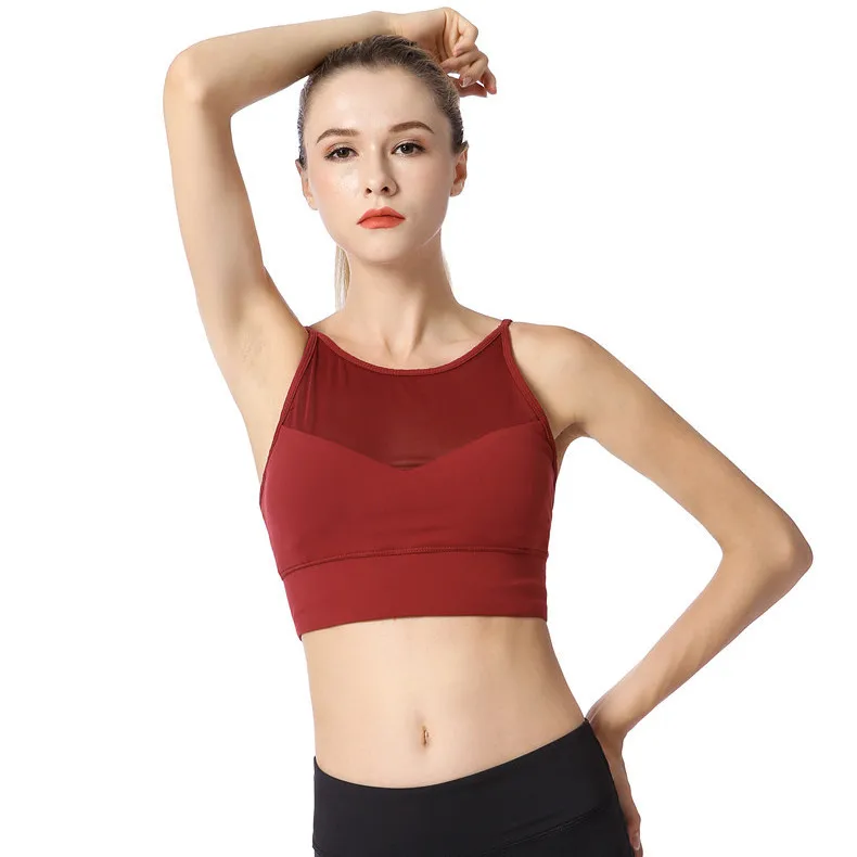 

Hot Sell Running Yoga Fitness Bra Custom Fit Sports Vest Cheap Ladies Wholesale Seamless Yoga Tops Push up Gym Bra With Mesh, Red