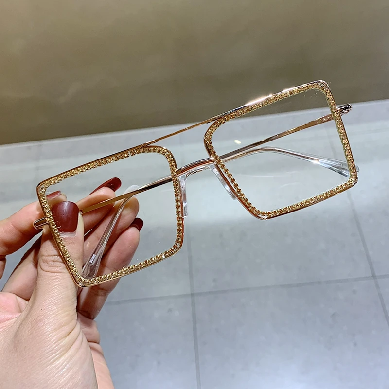 

97365 Squared Transparent Rhinestone Sunglasses metal Frame Women Oversize Diamond Glasses clear shades eyeglasses for women