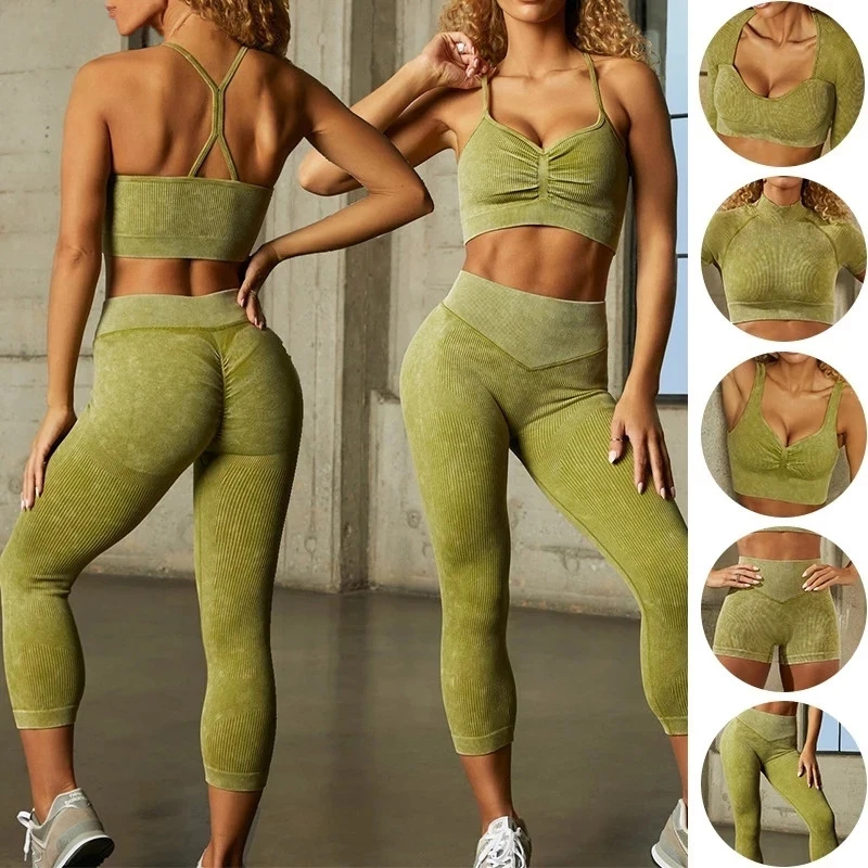 

New 2/3/6PCS Ribbed Seamless Sand Washed Yoga Sets Sport Gym Suits Women Workout Clothes Scrunch Booty Leggings Set Fitness Wear