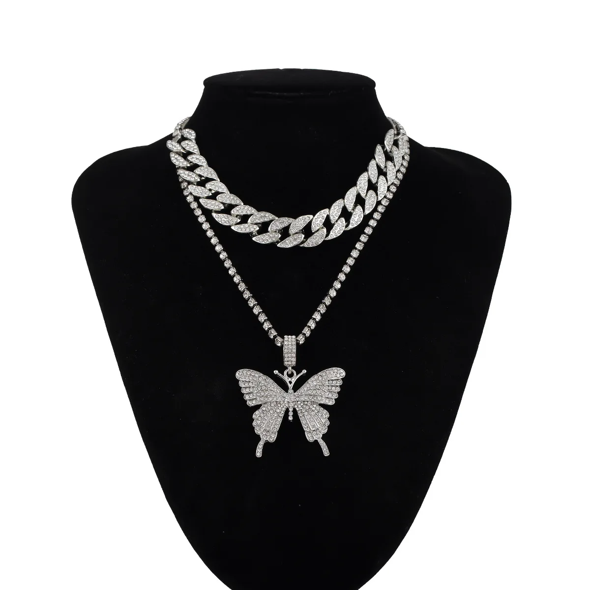 

Vintage Exaggerating Butterfly Charm Cuban Chain Set Necklace, Silver/gold/pink/gun black