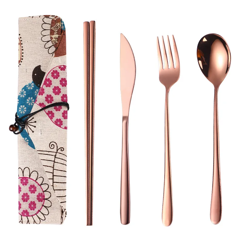 

Stainless Steel Rose Gold Flatware Set Reusable Cutlery Set Travel Utensils Set with pouch for Camping Office or School Lunch, Customized