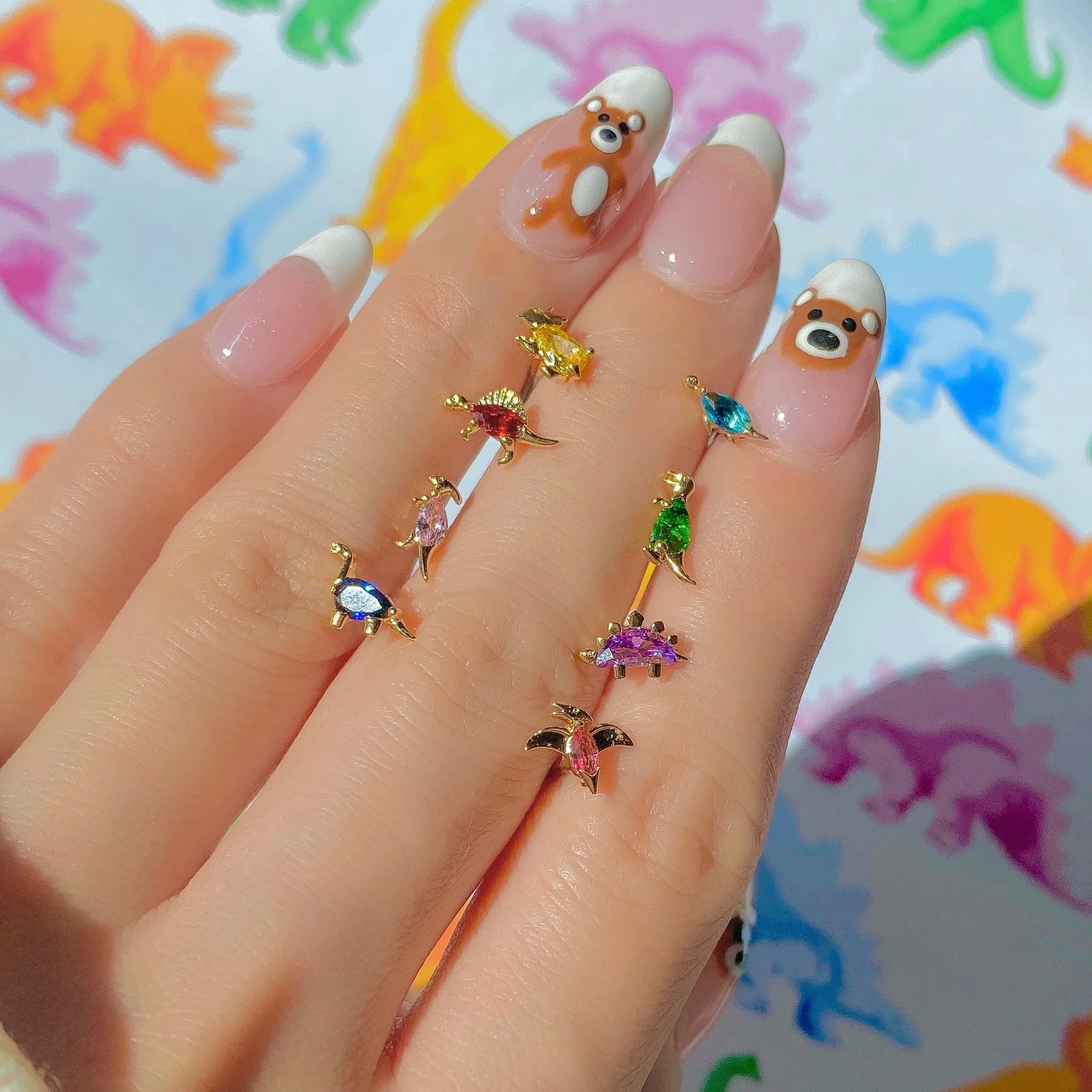 

Cute Cartoon Small Dinosaur Mini Studs Earring Colorful Rhinestone Decoration Gold Coated Stud Earring