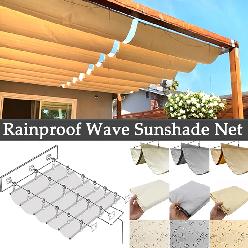 300D Polyester Telescopic Sunshade Sail Waterproof Wave Sun Shade Net Patio Pergola Shading Canopy Retractable Outdoor Awning