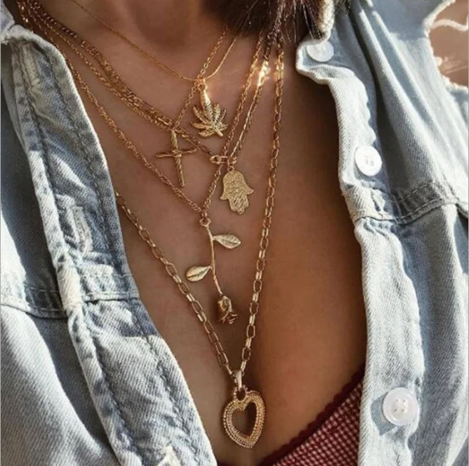 

20282-9 Retro girl heart rose cross Maple palm Pendant Necklace multi layer gold retro creative summer Pendant Necklace