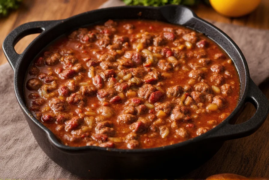 Authentic Texas-style chili in cast iron pot with ground beef, onions, and spices simmering