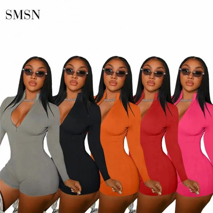 

TINA Hot Selling Solid Color Zipper Collar Bodycon Jumpsuit 2021 One Piece Short Romper Jumpsuit